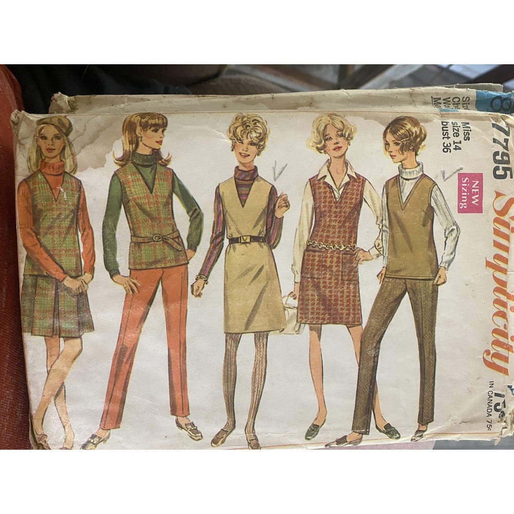 Vintage 1968 Simplicity Sewing Pattern 7795 Size 14 Jumper Skirt Pants Cut